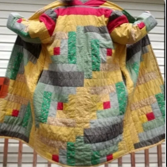 Handmade Heirloom Vintage Long Quilt Coat; Log cabin quilt.